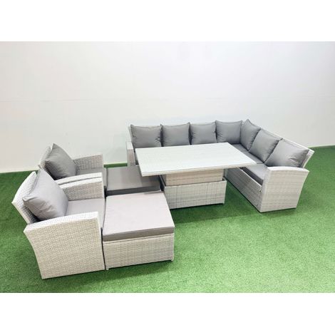 Fimous 10 Seat Rattan Garden Furniture Corner Sofa Set Outdoor Adjustable Lifting Dining or Coffee Table Set with Armchair Light Grey (1/4)