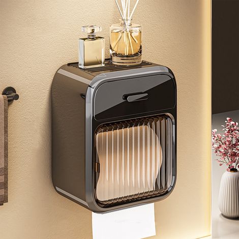 Boîte À Papier Toilette - Étanche - Murale Sans Perçage - Double Étage - 21,5 x 17,5 x 12 cm - Noir - 1 Pièce