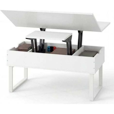 Gain de place, table basse relevable 3-en-1 avec 3 compartiments de rangement, bureau ou table à manger, blanc (1/5)