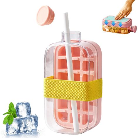 2-in-1 Eiswürfelform mit Strohhalm, Eiswürfelform mit Deckel, berührungsloser Eiswürfelbereiter, geeignet für die Eiswürfelherstellung zu Hause und für Picknicks im Freien (rosa, 800 ml) (1/4)