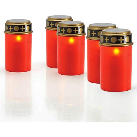 lot De 5 Solaire Led Lampe Funraire Avec Pile/bougies Funraires Led D'extrieur/bougies De Cimetire/lumire Ternelle/lampe Funraire/rouge/fonctionn (1/5)