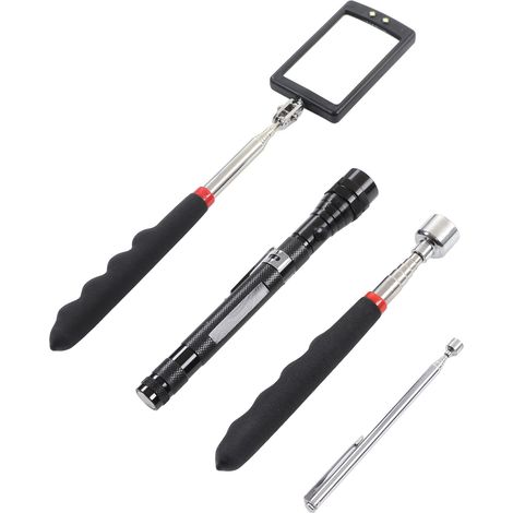Kit d'outils de ramassage télescopique magnétique en 4 pièces, miroir d'inspection carré rotatif à 360 degrés et réglable, perches de ramassage de 20 lb et 1,5 lb et lampe torche LED télescopique flex (1/5)
