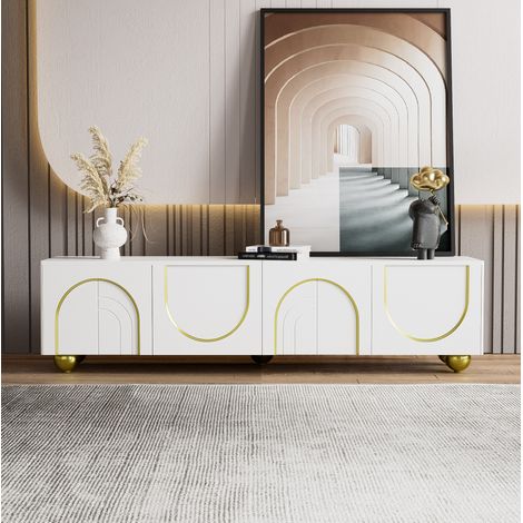 TV-Schrank aus Spanplatte in Weiß/Gold, 170,0 x 38,0 x 44,0 cm, 4 Türen, Push-to-Open, gedämpfte Scharniere (1/5)