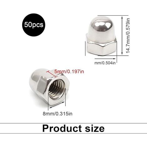50 Pièces Cache Ecrou en Acier Inoxydable M8, Écrou Borgne Hexagonal avec Pas Uniforme, Écrou de Dôme Argent, Convient aux Machines, Pièces Automobiles, Meubles, Pièces Détachées (1/5)