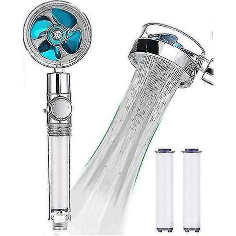 Turbogeladener Handbrausekopf, propellergetriebener Duschkopf, hoher Wasserdruck, wassersparend, mit Pausentaste, 360 Grad drehbar-Blue