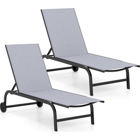 COSTWAY Lettino Prendisole Pieghevole, Sedia a Sdraio da Esterno con 2 Ruote, Schienale Regolabile in 6 Posizioni e Tessuto Traspirante, Sdraio da Giardino per Terrazze e Piscina (Grigio,2) (1/5)