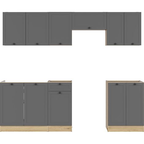 Cuisine complète 240 cm,Ensemble de meuble de cuisine coloris Gris graphite/Chêne graphite, plan de travail non inclus (1/3)