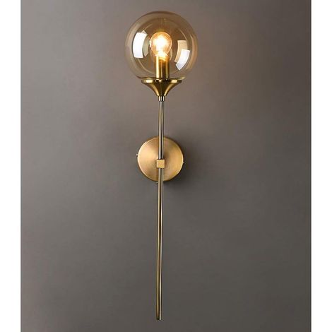 Vintage-Industrie-Wandleuchte, bernsteinfarbene Glaskugel mit langem, goldenem Wandarm, goldene Wandleuchte für den Nachttisch (bernsteinfarben)