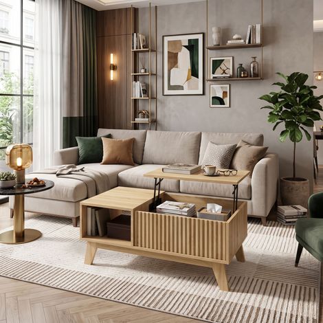 Creahappy Table Basse Relevable 95x48x42 cm - Gain de Place & Coffre Rangement - Bois Naturel Rainuré Scandinave - Table Salon (1/5)
