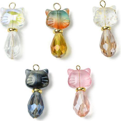 Ciondoli a forma di gatto in vetro, colori misti, charm - 5