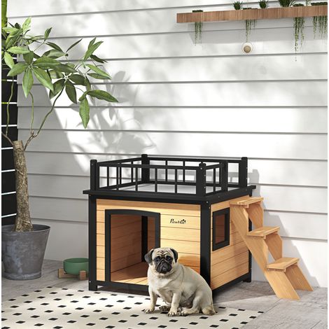 Cuccia per cani in legno con balcone e scala, 121x77x78 cm, gialla OKMYHOME (1/5)