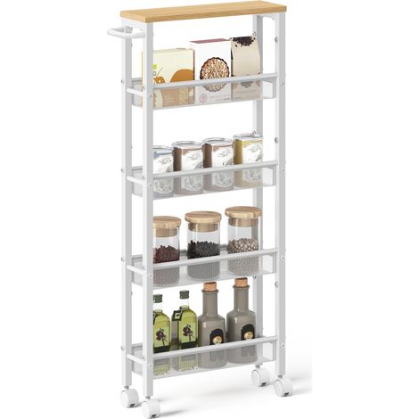 Desserte 5 Niveaux, Étagère de Cuisine Fin avec roulettes, Cadre en Acier, Poignée, Petit Espace, 13 x 45,4 x 99,6 cm, Salle de Bain, Salon, Bureau, Beige Chêne et Blanc LRC034W09 (1/5)