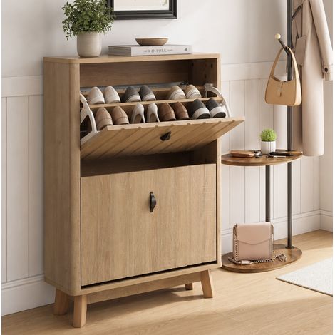 Schuhschrank schmal für den flur - 60x24x94 cm - schuhkipper mit verstellbaren regalen für 12-16 paare - moderner skandinavischer holzstil - eiche (1/5)