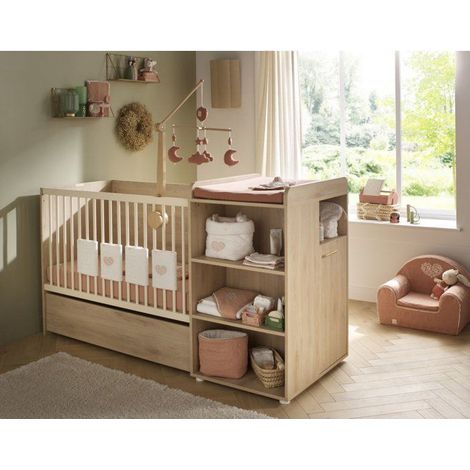 Lit bébé convertible SAUTHON Adele 120 x 60 cm Hêtre clair avec commode intégrée (1/4)