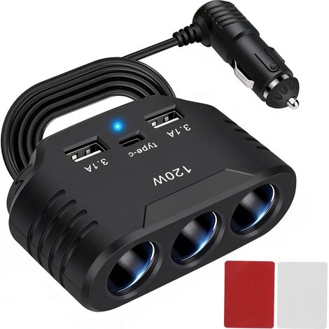 120W Multiprise Allume Cigare 12V/24V 3Prises USB-C Voltmètre Interrupteurs 120W puissance maximale, charge rapide USB-C/USB, voltmetre LED, interrupteurs independants, protections anti-surchauffe (1/5)