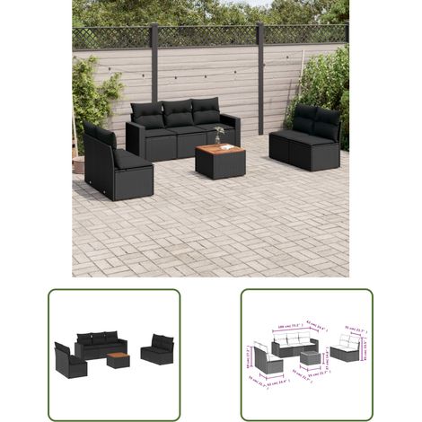 The Living Store Salon de jardin 8 pcs avec coussins noir résine tressée - Ensemble Salon De Jardin - Meuble De Jardin - Meubles Extérieur - Salon De Jardin Design - Set Salon De Jardin (1/3)