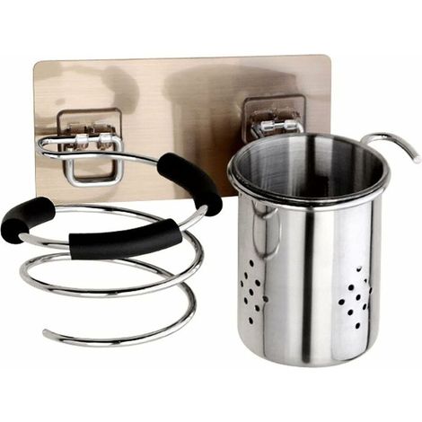 Support De Sèche-Cheveux Support Mural Sechoir Titulaire Mural Organisateur Salle De Bain Tasse Cylindrique avec Câble sans Perçage pour Fer Plat, Baguette à Friser, Fer à Lisser