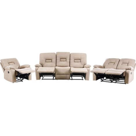 Manual Recliner Living Room Set 6 Seater BERGEN Fabric Beige