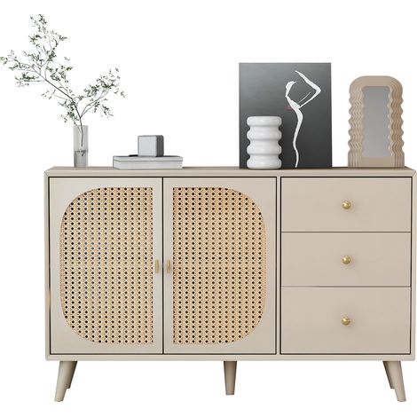 Buffet de rangement 120 cm blanc cassé avec 2 portes, 3 tiroirs et grand espace, meuble TV et d’appoint pour salon ou salle à manger moderne CHICFURN (1/5)