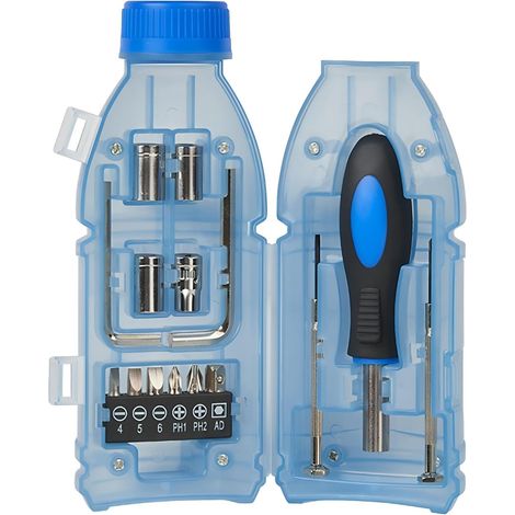 Set di attrezzi trasparente a forma di bottiglia, 15 in 1: cacciavite, chiavi a brugola e manico. Set di attrezzi portatile, ideale come regalo. (1/5)