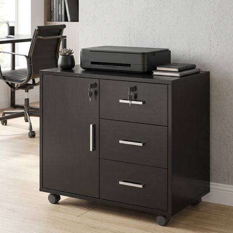 Caisson bureau meuble de rangement verrouillable avec 3 tiroirs et étagère réglable, roulettes, 40 x 60 x 56 cm, noir (1/5)
