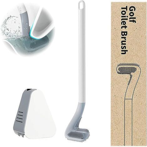 Cepillo de inodoro de silicona con mango largo para golf, cepillo de limpieza de inodoro de pared con soporte (blanco) (1/4)