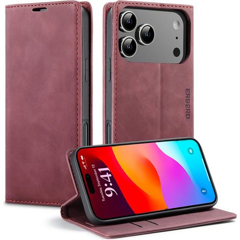 Custodia per iPhone 17 Pro, portafoglio vintage Erbord con patta, rosso (1/5)