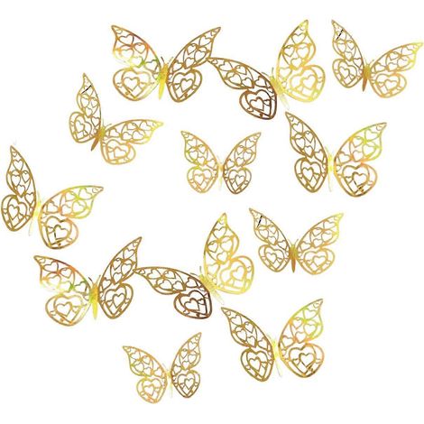 Stickers muraux papillons métalliques 3D – 12 pièces amovibles – pour chambre d'enfant et décoration de gateau d'anniversaire avec motif ajouré - Doré (1/5)