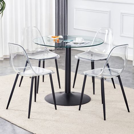 CHICFURN Set tavolo da pranzo rotondo 85 cm in vetro temperato nero con 4 sedie trasparenti (1/5)