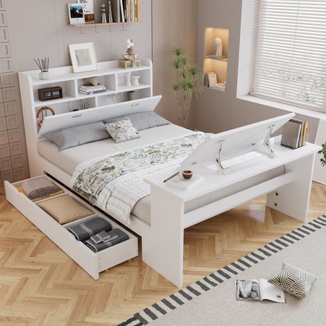 Lit Blanc avec Table Rabattable et Grand Tiroir – Design Minimaliste Scandinave, Bureau 12 Positions Réglables (0-45°), Idéal pour Petites Chambres et Chambres d'Adolescents (1/5)
