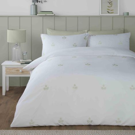 Housse de Couette Brodée Feuille - Lit Double (200x200cm) - 2 Taies d'oreiller - Polyester Recyclé Durable - Literie Blanche avec Feuille - Housse de Couette Brodée Florale - Vert/Blanc (1/3)
