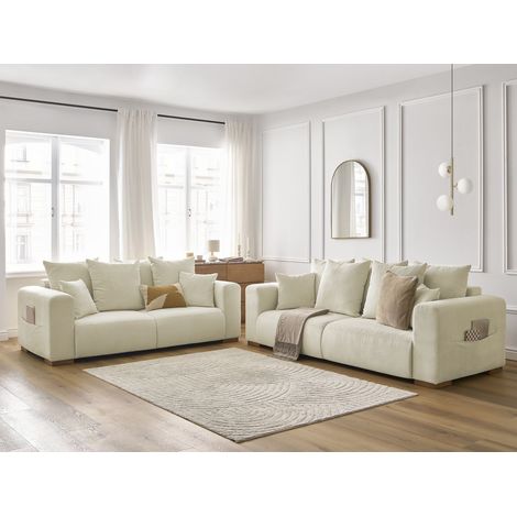 Bobochic – Canapé droit fixe 2 places en velours côtelé beige – Confort équilibré – Large accoudoirs arrondis – Pieds en bois massif (1/5)