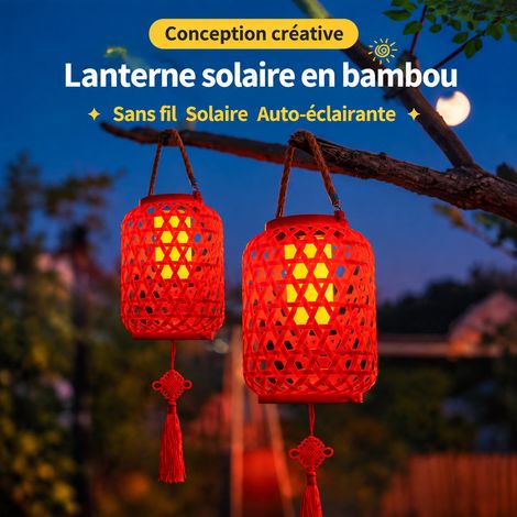Lanterne solaire suspendue rouge imitation rotin 10 LED avec nœud chinois rouge 10 16,5 × 16,5 × 24 cm 346 g – Livraison gratuite