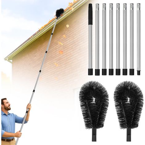 Brosse de nettoyage de gouttières de toit de 3,2 m (10,5 pi) - avec tige réglable, tête de brosse remplaçable, acier inoxydable (1/5)