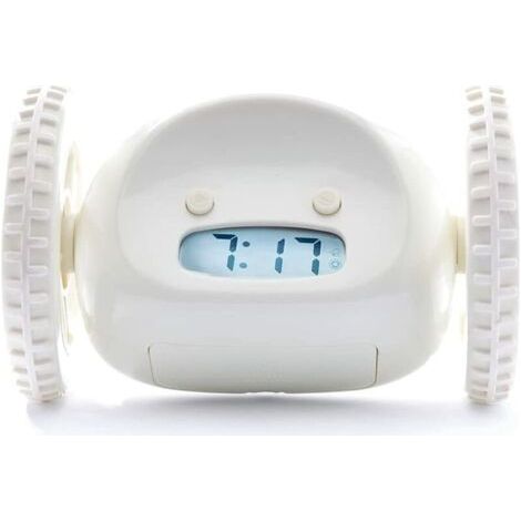 Wecker auf Rädern. extra laut für schwere Schläfer. Erwachsene oder Kinder. Schlafzimmer. Roboteruhr. lustig. rollend. weglaufend. bewegend. springen. weiß (1/3)