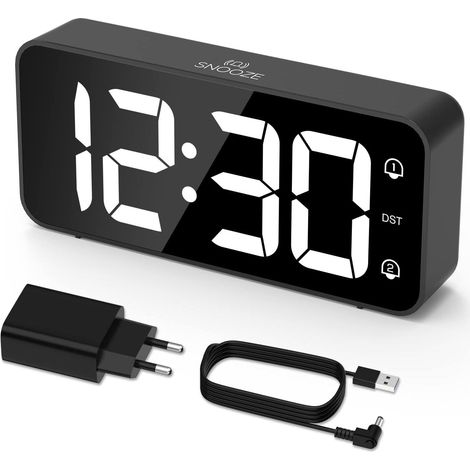 LED-Digitalwecker mit zwei Alarmstufen und 8 Klingeltönen – Wecker mit einstellbarer Lautstärke und Helligkeit – Digitaler Tischwecker mit Schlummerfunktion – USB-betrieben (Schwarz) (1/5)