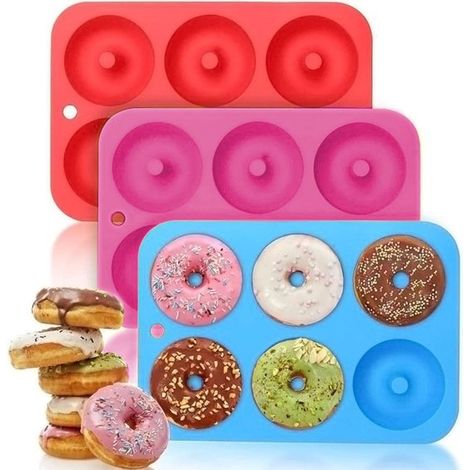 Set mit 3 Silikon-Donutformen, 6 Mulden, antihaftbeschichtete Backform, hitzebeständig, für Kuchen, Kekse, Bagels, Muffins (rot, orange, blau) (1/5)