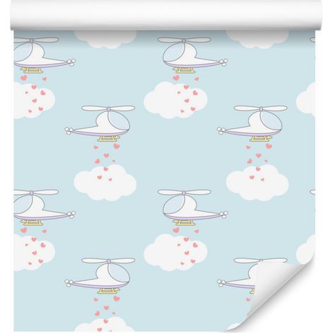 Papier peint hélicoptères et cœurs pour salon et chambre 50x1000 cm (1/5)