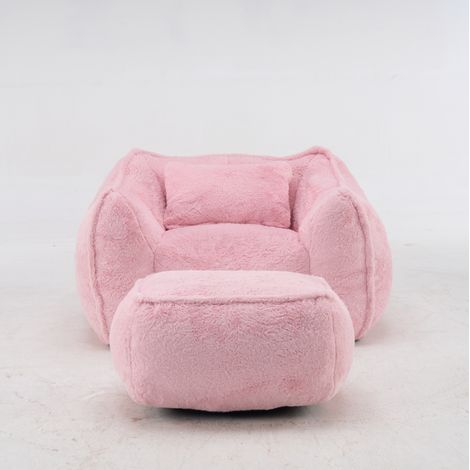 Poltrona pouf gigante in pelliccia sintetica con cuscino e pouf, rosa (1/5)