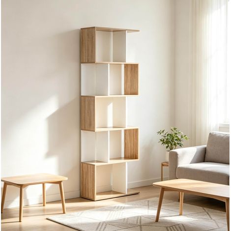 Bibliothèque S 60x24x184,5 cm en panneaux de bois chêne blanc, gain de place salon FloraGrace (1/5)