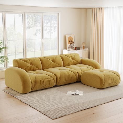 Sofá modular en L amarillo de chenilla con puf, sin montaje, 281 x 171 x 76 cm (1/5)