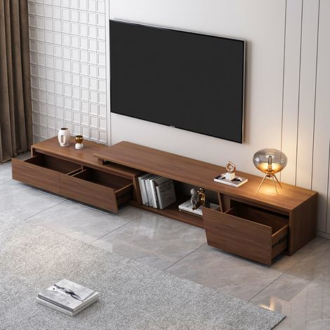 Fero Meuble TV Extensible Finition Noyer 3 Tiroirs de 180 cm à 280 cm Pour Grands Écrans Jusqu’à 110 Pouces