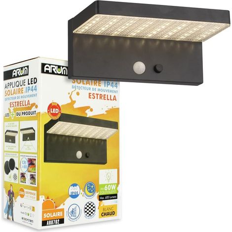 1 applique solaire, 600 lumens, détecteur de présence, 3 modes, ip44, aluminium, éclairage extérieur terrasse