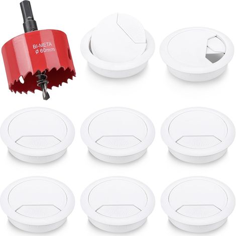8 Pièces Passe Cable Bureau avec Scie Cloche 60mm Oeillet de Bureauavec Passe Câble pour Ordinateur Cache câble pour Câble Rond Organiseur de Fil pour la Maison et Le Bureau (Blanc) (1/5)