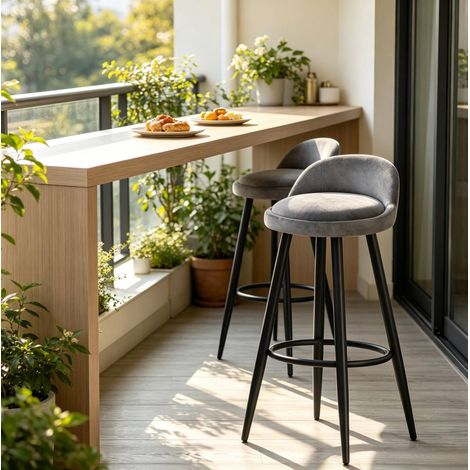 Barhocker aus dunkelgrauem Samt mit Rückenlehne, 78,5 cm (1/3)