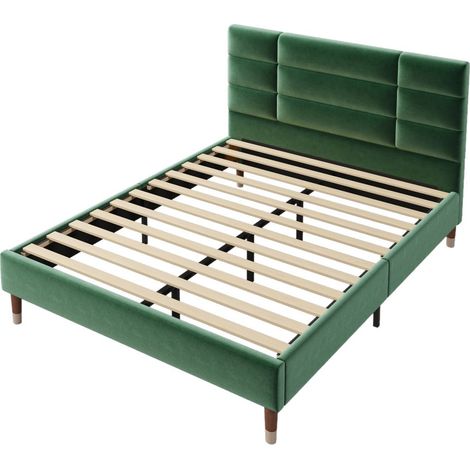 140x200cm Cadre de lit tapissé, avec tête de lit, velours vert foncé, (matelas non inclus) (1/5)