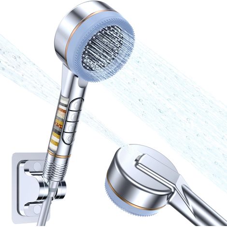 Hochdruck-Duschkopf – tragbar mit 8 Strahlmustern – stahlgraue Regendusche, wassersparend und antibakteriell, großer Duschkopf mit Netzfilter und Klebeband