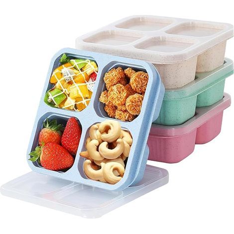 4 Pcs Boite Collation Repas avec Couvercle Transparent & 4 Compartiments, Conteneurs Collations Empilable Réutilisable, Lunch Bento Snack Box pour Enfants Adultes, Boîtes Goûter École Travail Voyages (1/5)