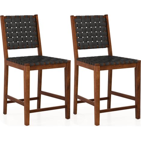 Lot de 2 tabourets de bar tressés, dossier incliné, sangles en simili cuir PU noir, pour cuisine et salle à manger (1/5)