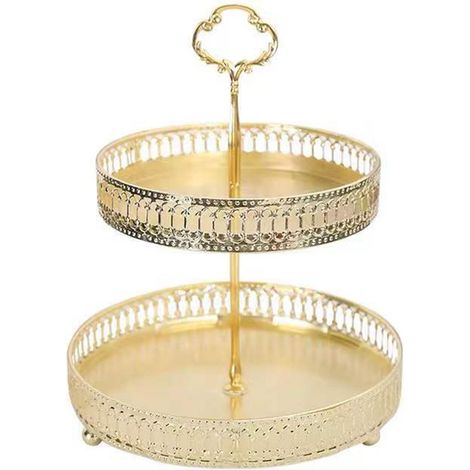 Double Layer Pastry Tray Decorative Copper Gold Biscuits Dessert Display Plate for Wedding Hollowed Out Vertical Grain (1/5)